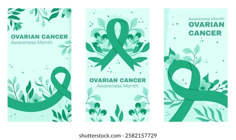Ovarian Cancer Awareness Month Posters with Teal Ribbons, Floral Illustrations, and Nature-Inspired Backgrounds Promoting Women Health and Support