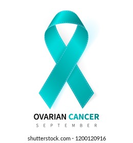 Ovarian Cancer Awareness Month. Realistic Teal ribbon symbol. Medical Design. Vector illustration.