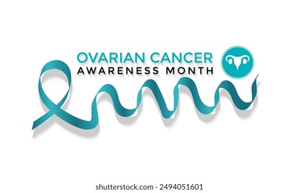 Ovarian Cancer Awareness month is September. Calligraphy Realistic Teal Ribbon. Banner poster, flyer and background design template.