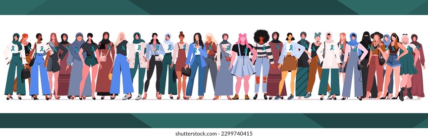 Ovarian Cancer Awareness Month. Women of different ethnicities stand side by side together with teal color ribbon on chest. Healthcare and  medicine concept. Colorful vector illustration.