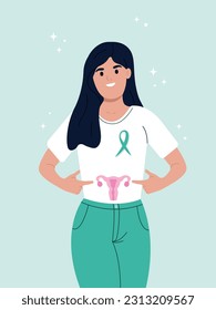 Mes de Concienciación sobre el Cáncer de Ovario. Una joven sonriente señala el órgano reproductivo femenino. Un listón para una mujer y un símbolo de la salud de las mujeres con cáncer de ovario.