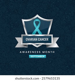 A Ovarian cancer awareness ribbon, with a dark background and a cyan border.