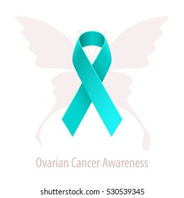 Ovarian Cancer Awareness Teal Ribbon Over Butterfly Silhouette Isolated On White Background