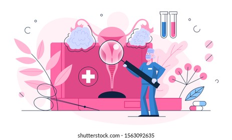 Ovarian cancer diagnostic. Idea of health and medical treatment. Doctor check an ovaries. Female reproductive system disease. Isolated flat vector illustration