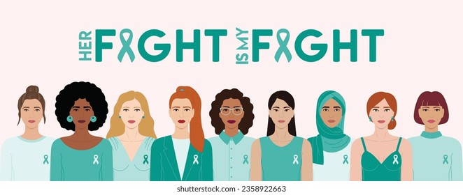 Ovarian and Cervical cancer Awareness Month. We fight together phrase. Diverse women with teal ribbons on chest stand together against cancer. Cancer prevention, women health vector illustration