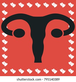 Ovaries icon flat. Simple black pictogram on red background with white hearts for valentines day. Vector illustration symbol