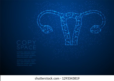 Ovary And Uterus Shape Abstract Geometric Bokeh Light Circle Dot Pixel Pattern; Medical Science Organ Concept Design Blue Color Illustration Isolated On Blue Gradient Background With Space; Vector