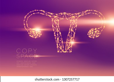 Ovary and uterus shape futuristic pattern wireframe polygon bokeh light structure and lens flare, Medical Science Organ concept illustration isolated on purple gradients background with copy space