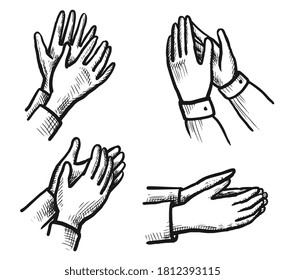 Ovation sketch. Hand drawn applauding clapping hand doodle icon set isolated on white. Winner applause and ovation sketch. Congratulation and recognition. Cheer and acclaim sign vector illustration