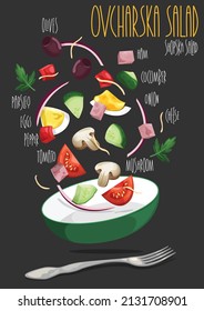 Ovcharska Salad, variation of the Shopska salad, Bulgarian, national cuisine, Traditional assorted Balkans dishes. Vector illustration