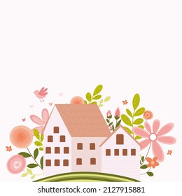 ovely house surrounded by bright colors. Print, card, poster, postcard, banner design element. Inscription with doodle flowers. 