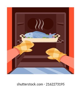 Oven baked fish. Housewife hands removing hot tray with prepared dish, cooking dorado in stove, family dinner meal, freshly grilled fish, preparing healthy meal vector illustration