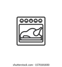 Oven with baked turkey line icon. linear style sign for mobile concept and web design. Thanksgiving Turkey Roasting outline vector icon. Symbol, logo illustration. Vector graphics