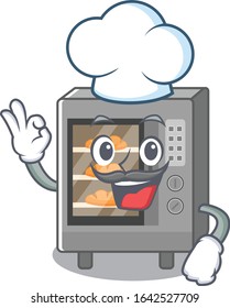 Oven cake cartoon character working as a chef and wearing white hat