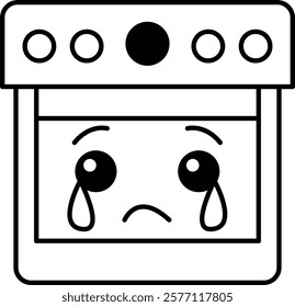 A Oven cartoon face with a sad expression and a tear