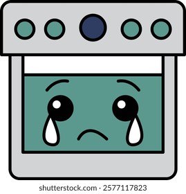 A Oven cartoon face with a sad expression and a tear