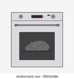 Oven with chicken icon. Flat design stock vector illustration