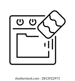 Oven cleaning icon. Home and kitchen cleaning line symbol. Black and white.