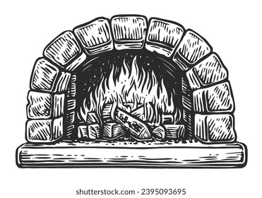 Horno para cocinar y hornear. Madera quemada, leña en una chimenea de piedra. Ilustración del vector