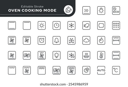 Oven cooking mode line icon set. Top, bottom heating, convection, grill, defrosting, reheating, self-cleaning, heat, steam and more. Series outline icons. Vector pictogram collection
