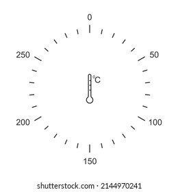 Oven dial knob markup template with Celsius temperature gauges and thermometer icon. Cooking theme pictogram isolated on white background. Vector outline illustration.