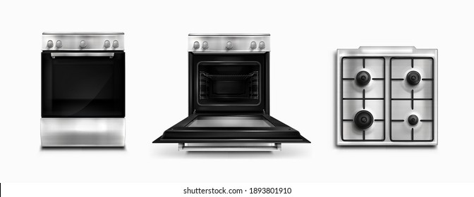 Oven, electric and gas kitchen appliances top and front view. Open or closed stove household technics with switches. Home tech equipment isolated white background realistic 3d vector illustration