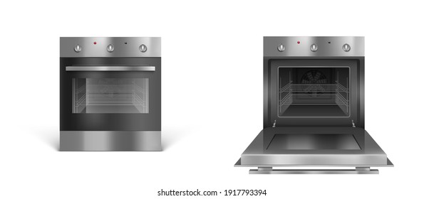 Oven, electric kitchen appliances, open or closed stove of silver color front view. Household technics with switches. Home tech equipment isolated on white background, realistic 3d vector illustration