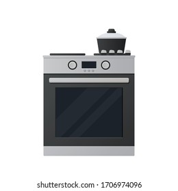 Ilustración plana del horno. Vista frontal de la estufa. Vector. 