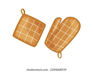 Guante de cuernos y timbre. Baterías para la protección contra el calor. Portatenes calientes, mitt. Grilletes de seguridad textiles, toallas protectoras para hornear, cocina. Ilustración vectorial plana aislada en fondo blanco