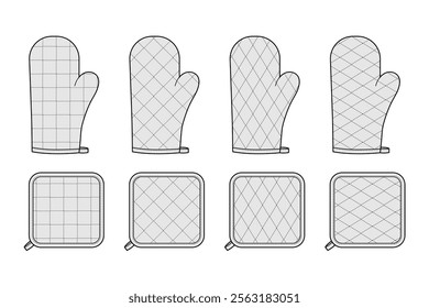 Oven Gloves Mitt and potholder with diagonal windowpane quilted stitching Fashion hand accessory clothing technical illustration garment. Vector flat template CAD mockup sketch on white background