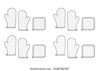 Oven Gloves Mitt and potholder with diagonal windowpane quilted stitching Fashion hand accessory clothing technical illustration garment. Vector flat template CAD mockup sketch on white background