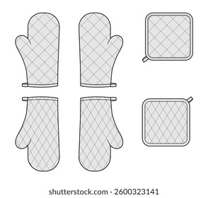 Oven Gloves Mitt and potholder with diagonal windowpane quilted stitching Fashion hand accessory clothing technical illustration garment. Vector flat template CAD mockup sketch on white background