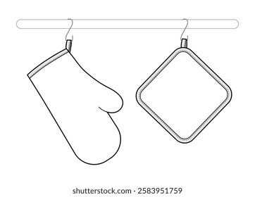 Oven Gloves mitt and potholder hanging on rack kitchen flat hand accessory clothing technical illustration garment. Vector for Men, women, unisex style template CAD mockup outline on white background