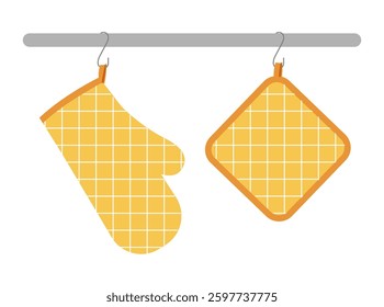 Oven Gloves mitt and potholder hanging on rack kitchen yellow cartoon windowpane tartan check pattern flat hand accessory clothing technical illustration garment. Vector for Men, women style template