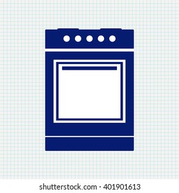 Oven icon. Blue vector illustration on notebook sheet background