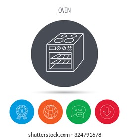 Oven icon. Electric stove sign. Globe, download and speech bubble buttons. Winner award symbol. Vector