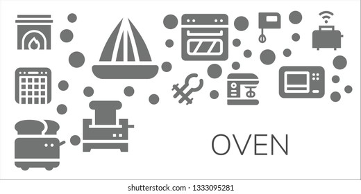 oven icon set. 11 filled oven icons.  Collection Of - Fireplace, Juicer, Mixer, Tongs, Toaster, Oven, Microwave