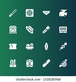oven icon set. Collection of 16 filled oven icons included Bread, Rice cooker, Skewer, Stove, Tongs, Fireplace, Meat grinder, Colander, Extractor