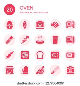 oven icon set. Collection of 20 filled oven icons included Kitchen timer, Bread, Fireplace, Barbecue grill, Microwave, Tongs, Skewer, Thandai, Extractor, Cooker, Mitt, Rice cooker