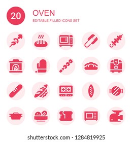 oven icon set. Collection of 20 filled oven icons included Skewer, Bread, Microwave, Tongs, Fireplace, Mitt, Rice cooker, Stove, Barbecue grill, Dutch oven, Meat grinder