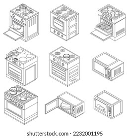 Oven icon set. Isometric set of oven vector icons outline vector on white background