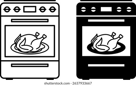 Oven Icons. Black and White Vector Illustration. Kitchen Stove with Oven and Fried Chicken on Plate. Home Appliances Concept