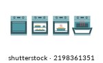 Oven icons set on white background: closed oven, baking and open