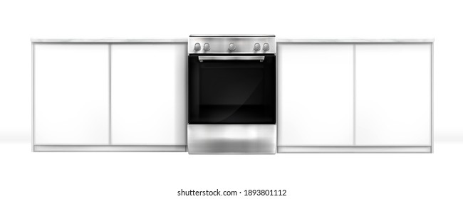 Oven in kitchen desk, electric built-in appliance, closed silver stove and cupboards front view. Household technics, home tech equipment isolated on white background, realistic 3d vector mockup