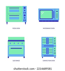 Oven kitchen equipment icon set in flat style. Vector illustration.