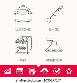 Oven, kitchen hood and blender icons. Multicooker linear sign. Edit document, Calendar and Graph chart signs. Star, Check and House web icons. Vector