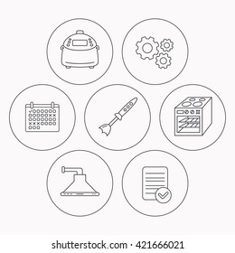Oven, kitchen hood and blender icons. Multicooker linear sign. Check file, calendar and cogwheel icons. Vector