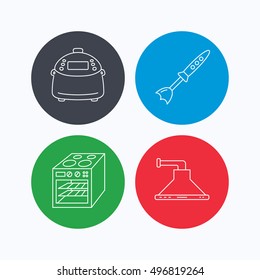 Oven, kitchen hood and blender icons. Multicooker linear sign. Linear icons on colored buttons. Flat web symbols. Vector