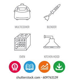 Oven, kitchen hood and blender icons. Multicooker linear sign. Award medal, growth chart and opened book web icons. Download arrow. Vector