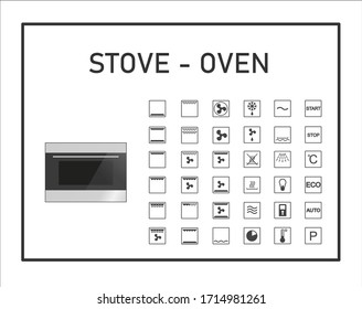 Oven manual icon set. Instructions symbols. Stove exploitation manual. Instructions and function description. Vector isolated graphic illustration. 